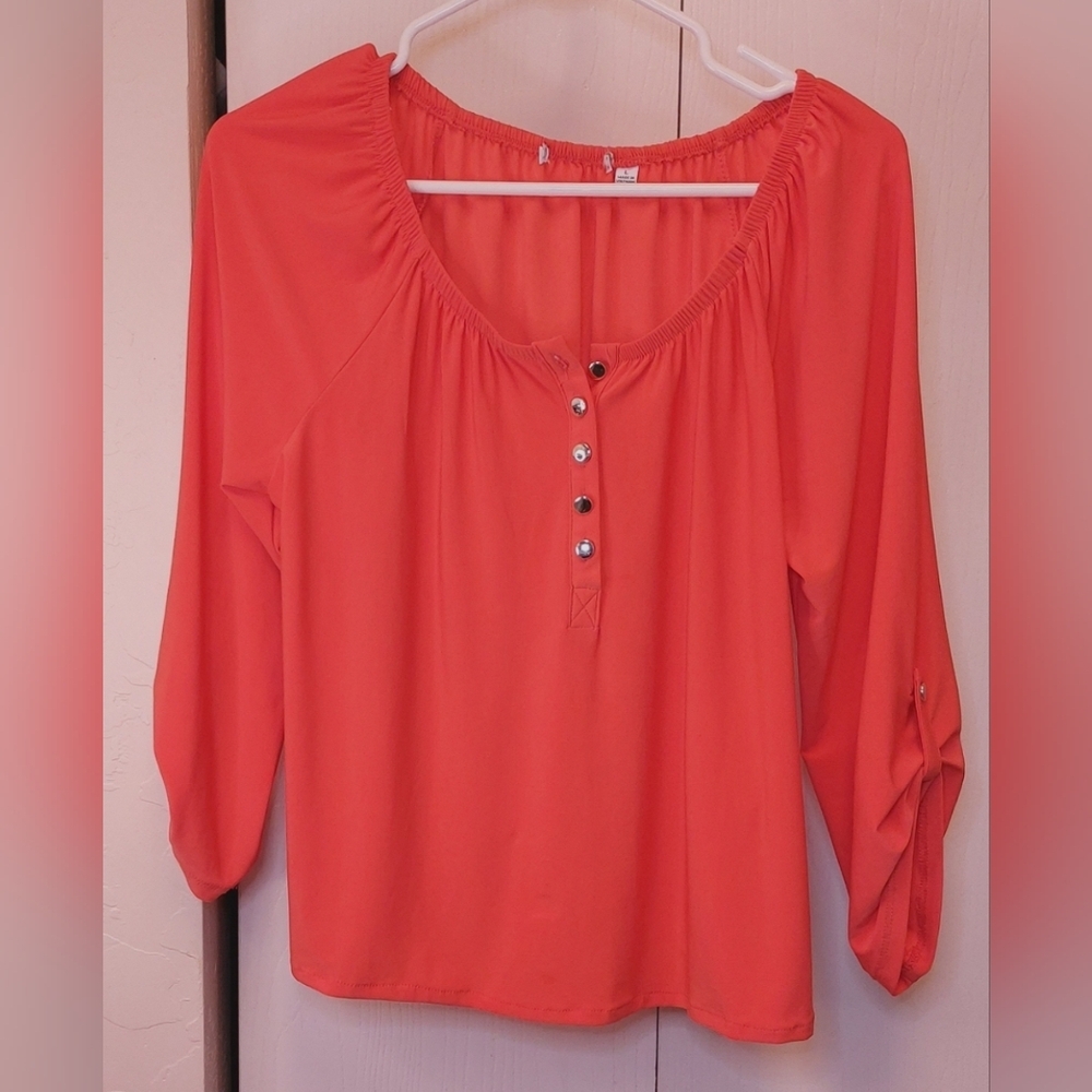 Pullover Orange Coral Tunic Size Large Top Blouse Boho Office Silver Buttons